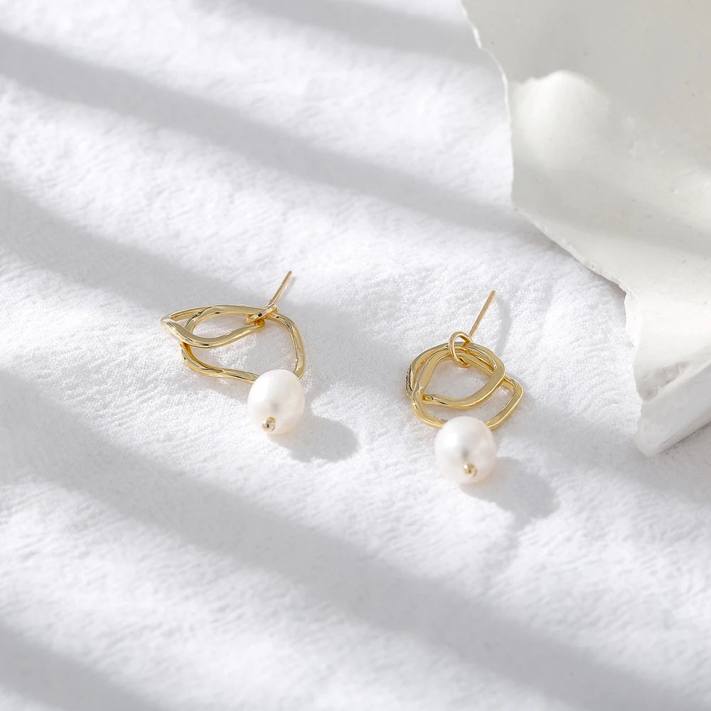Geometric Drop Natural Pearl Earrings - Zafinne Jewelry
