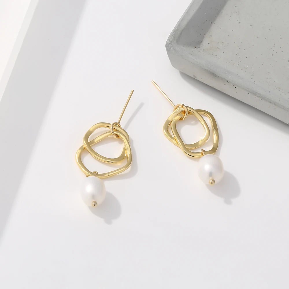Geometric Drop Natural Pearl Earrings - Zafinne Jewelry