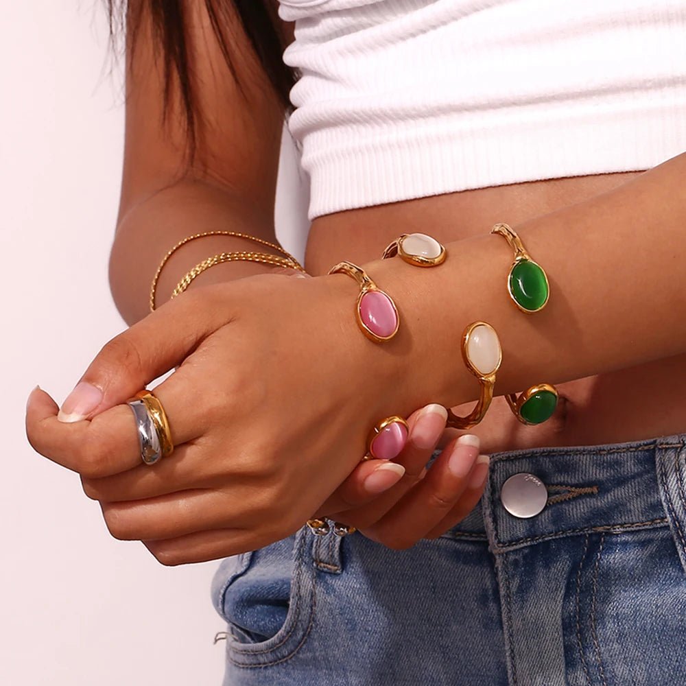 Oval Natural Stone Open Bracelet - Zafinne Jewelry