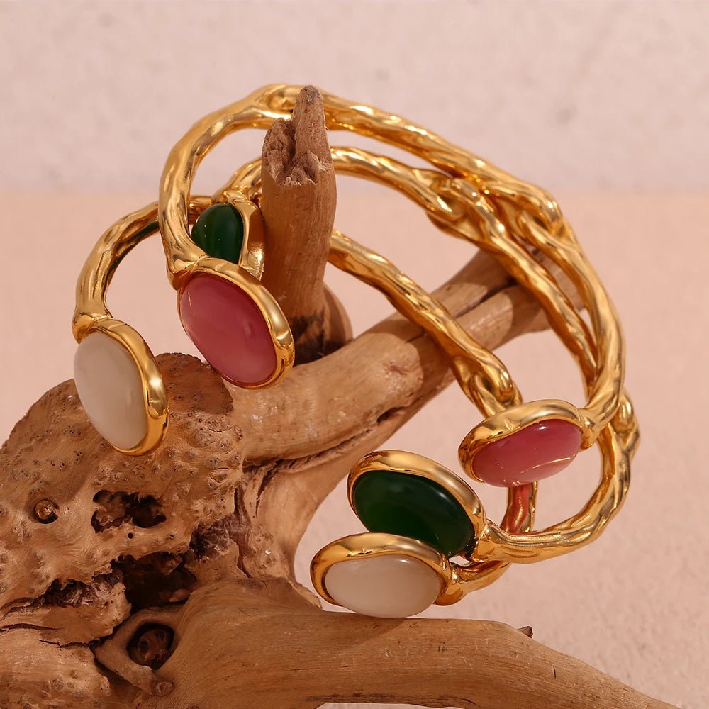 Oval Natural Stone Open Bracelet - Zafinne Jewelry
