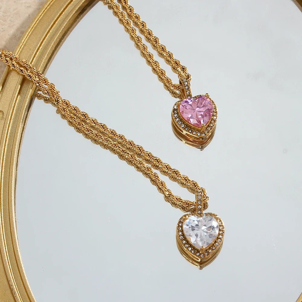 Rope Chain Heart Stone Pendant Necklace - Zafinne Jewelry