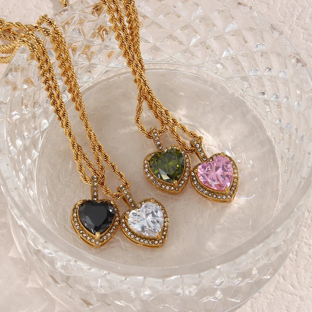 Rope Chain Heart Stone Pendant Necklace - Zafinne Jewelry
