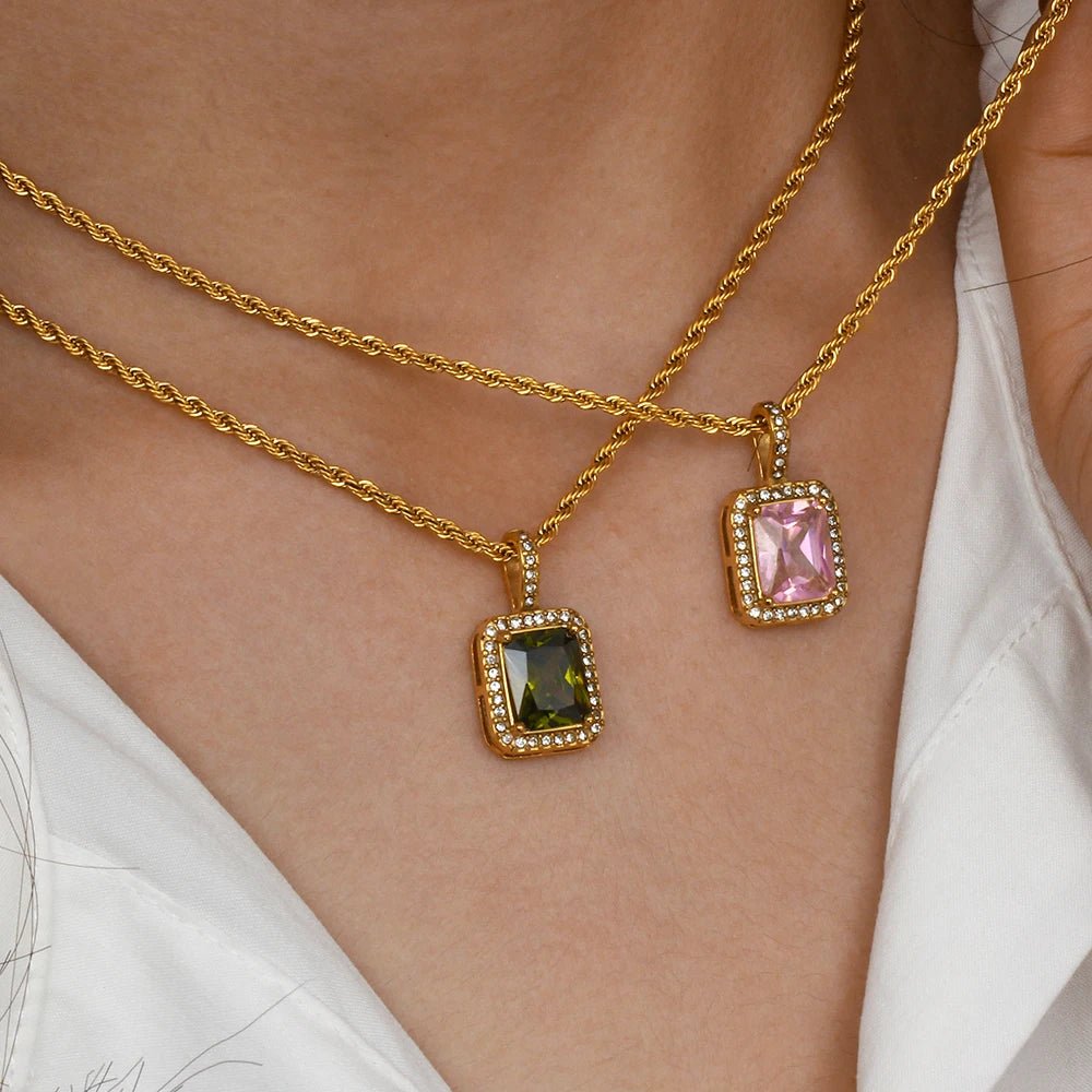 Rope Chain Square Stone Pendant Necklace - Zafinne Jewelry