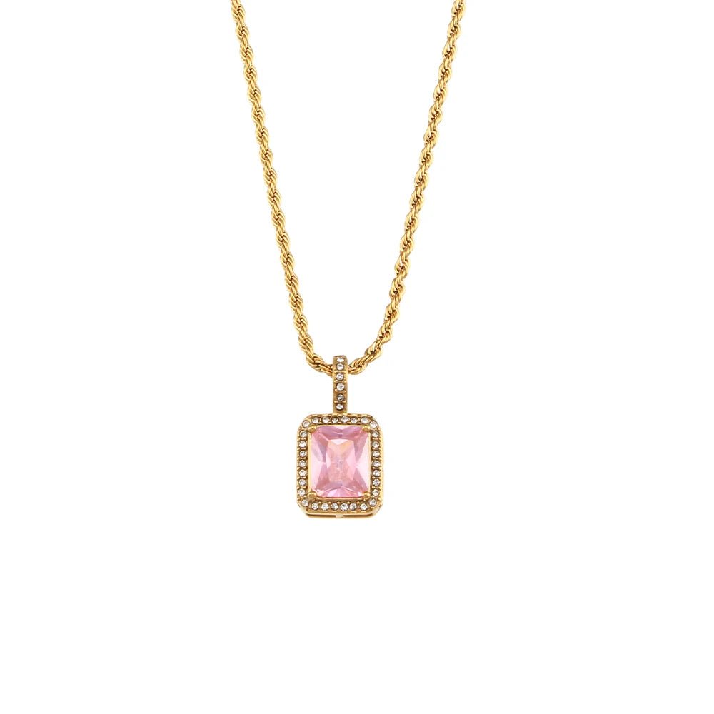 Rope Chain Square Stone Pendant Necklace - Zafinne Jewelry