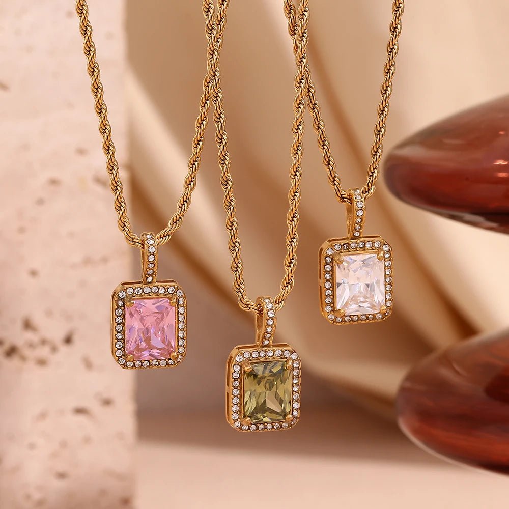 Rope Chain Square Stone Pendant Necklace - Zafinne Jewelry