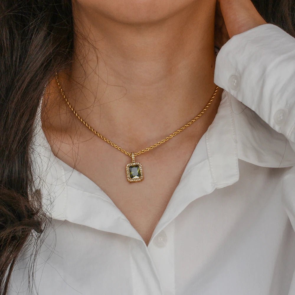 Rope Chain Square Stone Pendant Necklace - Zafinne Jewelry