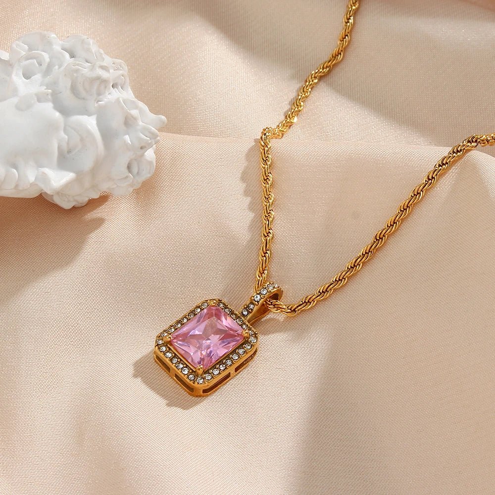 Rope Chain Square Stone Pendant Necklace - Zafinne Jewelry