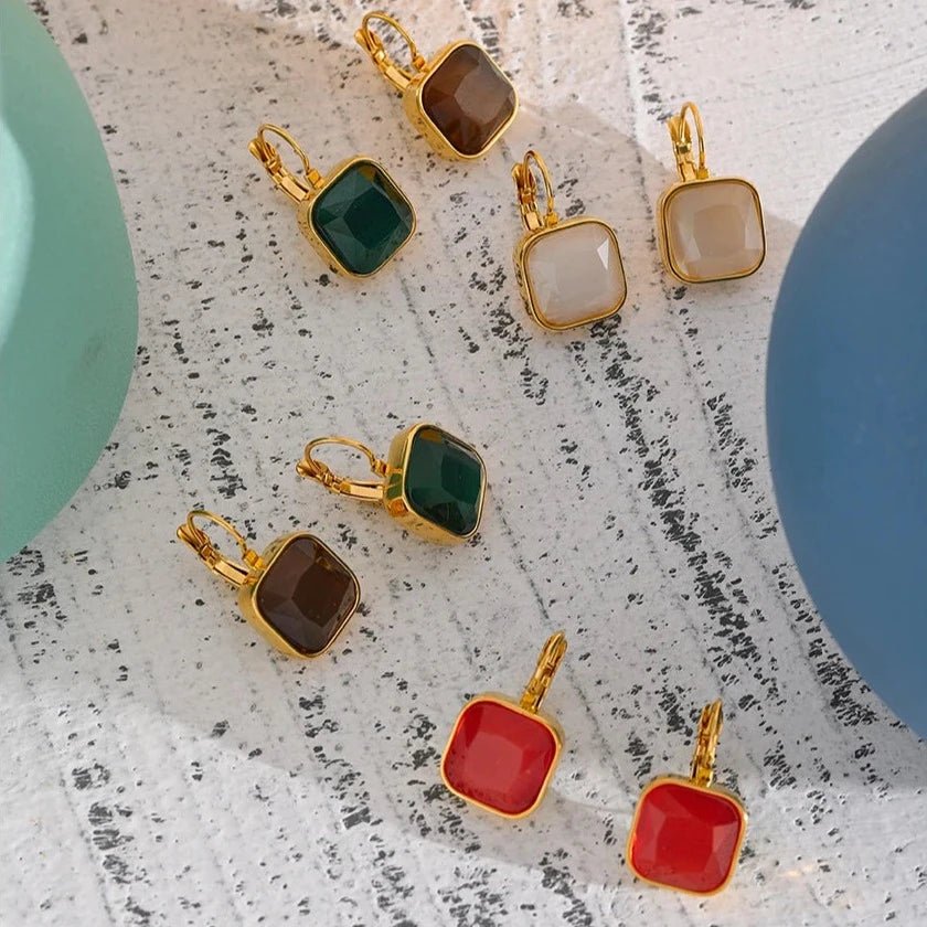 Square Opal Stone Hook Earrings - Zafinne Jewelry