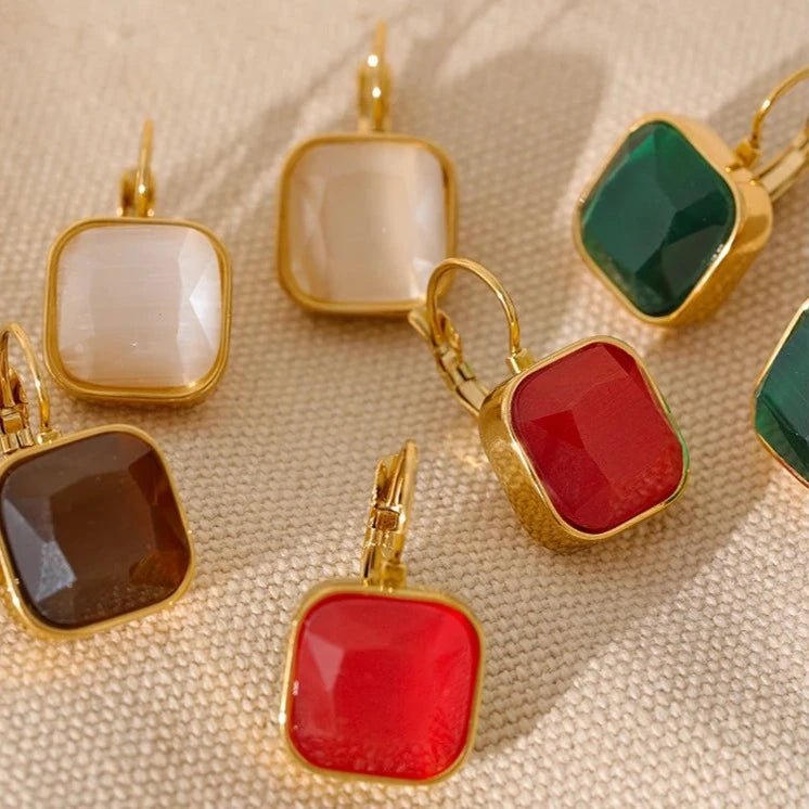 Square Opal Stone Hook Earrings - Zafinne Jewelry