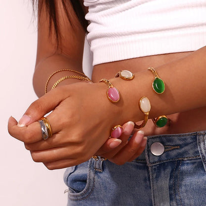 Oval Natural Stone Open Bracelet - Zafinne Jewelry