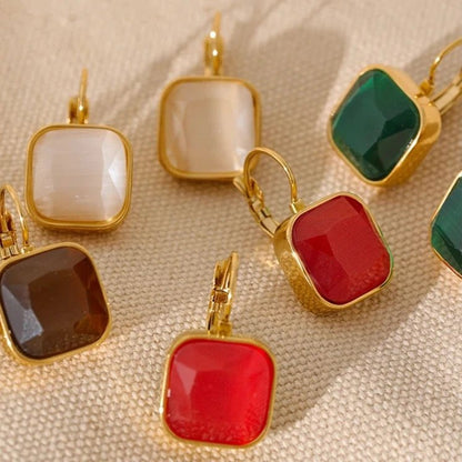 Square Opal Stone Hook Earrings - Zafinne Jewelry